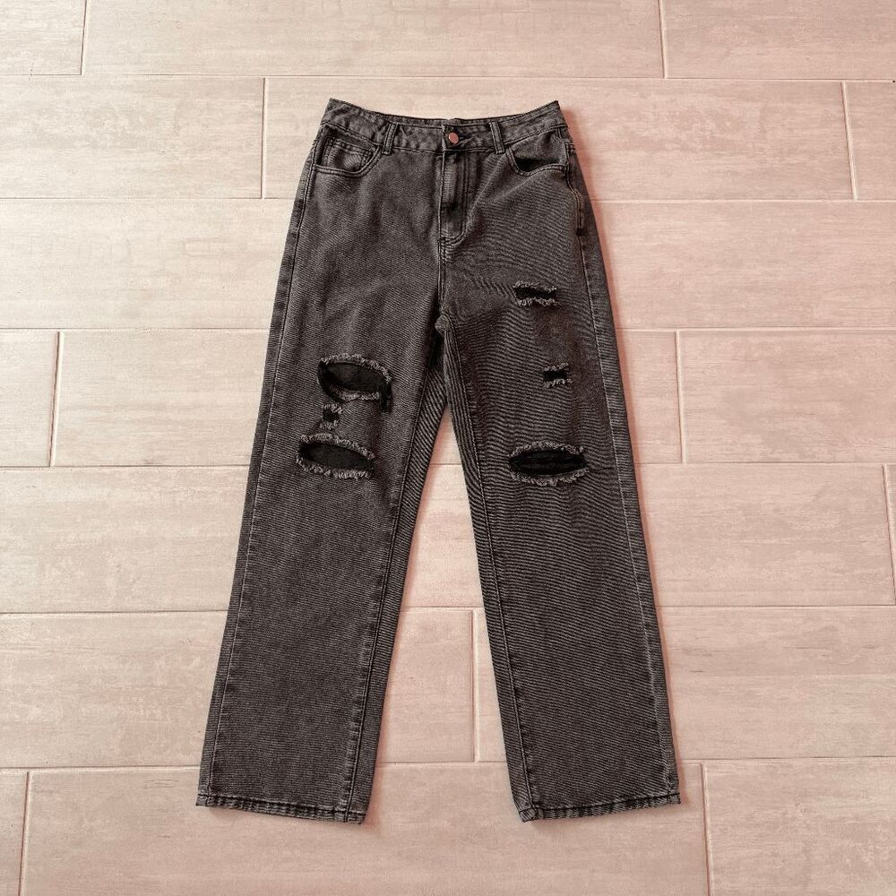 SHEIN Baggy Jeans High Waist Wide Leg Black Grey Distressed Ripped 90s Medium